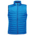A bright blue quilted vest with a high collar and front zip, featuring a logo on the lower side.