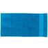 A large, rectangular beach towel in vibrant blue, featuring a solid colour design and a branding logo.