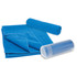 A blue sports towel and a rolled towel, both housed in a transparent container. The container is also blue.
