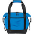 A blue cooler bag with black straps and a solid base, featuring zippers and a logo.