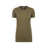 A women's crew t-shirt in olive green, featuring a fitted style and short sleeves. It has a logo on the label.