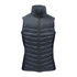 A women's thermal vest in dark green with a high collar and quilted design, featuring side panels and a front zip.