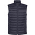 A dark navy thermal vest featuring a zip closure and a stand collar, with a branded logo.