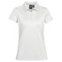 A white women's polo shirt featuring a classic collar and a logo on the chest.