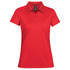 A red women's polo shirt featuring a collar and short sleeves, with a logo present.