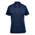A navy women's polo shirt with a collar and three buttons, featuring a logo on the chest.