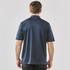 A navy blue men's polo shirt with short sleeves and a collar, featuring a logo on one side.