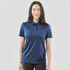 A navy blue women's polo shirt with a collar and short sleeves, featuring a logo.