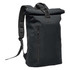 A sleek black Sargasso Backpack featuring a roll-top design and a side zip pocket, with padded shoulder straps.