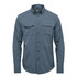 A long-sleeved, blue quick-dry shirt with two chest pockets and a button-up closure. It features a logo.
