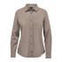 A women's long-sleeve button-up shirt in a light brown shade, featuring a single chest pocket and a logo.
