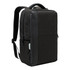 A black backpack with a sleek design and zippers, featuring a logo and padded shoulder straps.