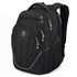 A black Swissdigital Terabyte Backpack features multiple zippers and compartments, with a logo on the front.