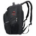 A black backpack with multiple compartments and a logo. It features padded shoulder straps for comfort.