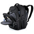 A black backpack with multiple compartments, including a padded laptop section and zippered pockets. It has a logo.