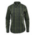A green and navy checked long sleeve button-up shirt for women, featuring a collar and a single chest pocket.