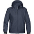 A lightweight men's rain jacket in navy blue with a hood and zippers, featuring a logo.