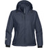 A women's rain jacket in navy blue with a hood, featuring two front zip pockets and a subtle logo on the sleeve.