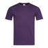 A purple fitted T-shirt featuring short sleeves and a logo on the label.