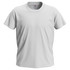 A plain white T-shirt with short sleeves and a round neck. It features a branding logo on the label.