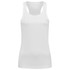 A women's active sports top in white, featuring a sleeveless design and a logo on the side.