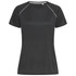 A black women's active t-shirt featuring short sleeves and a round neck, with a logo present on the design.