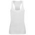 A white women's active tank top with a scoop neckline and racerback design, featuring a small logo.