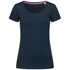 A women's crew neck t-shirt in navy blue with short sleeves and a pink trim on the neckline. Features a logo.