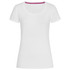 A white women's crew neck t-shirt with short sleeves and a coloured neckline. Includes a logo.