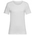 A women's white crew neck T-shirt with short sleeves and a small logo detail.
