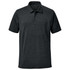 A dark grey polo shirt featuring a classic collar and a branded logo. Short sleeves and a textured fabric design.