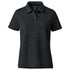 A women's polo shirt in a textured black design featuring a classic collar and three-button placket. It has a logo.