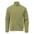 A men's polar fleece jacket in olive green with a zip front and a high collar. It features side pockets and has a logo.