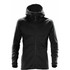 A black zip-up hooded jumper with long sleeves, featuring a fitted design and a logo.