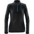 A women's long-sleeve black fleece pullover with blue piping and a zip collar, featuring a logo.