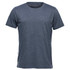 A navy blue crew neck t-shirt with short sleeves and a small logo on the side.