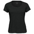 A women's black crew neck T-shirt with short sleeves, featuring a simple design and a logo on the label.