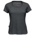 A dark grey women's crew neck t-shirt with short sleeves and a subtle logo on the side.