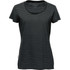 A women's crew neck t-shirt in black with horizontal stripes, featuring a logo. Short sleeves and a relaxed fit.