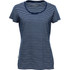 A navy and white striped women's crew neck t-shirt with short sleeves and a logo on the side.