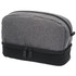 A grey and black toiletry bag featuring dual zippers and a sleek design, with a branding logo.