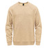A beige crew neck fleece sweater featuring long sleeves and a logo on the front.