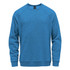 A blue fleece crew neck sweater with long sleeves and a logo on the front.