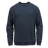 A navy blue fleece crew neck sweater with raglan sleeves and a logo on the front.