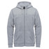 A grey fleece full zip hoody with a hood and front pockets. It features a logo on the chest.