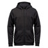 A black fleece full zip hoody with a hood and front pockets. It features a logo on the chest area.