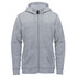 A grey fleece full zip hoody with a hood and pockets, featuring a logo on the chest area.