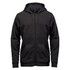 A black full zip hoody featuring a hood and front pockets, with a logo on the upper left side.