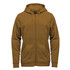 A men's full zip hoody in a warm tan colour with a hood and front pockets. Features a logo on the chest.