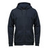 A navy full zip hoodie featuring a hood, kangaroo pockets, and a logo on the front.